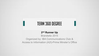 TEAM 360 DEGREE
2nd Runner Up
Brandwitz 2015
Organized by: IBA Communications Club &
Access to Information (A2I)-Prime Minster’s Office
 