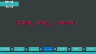 Brand 
tagline 
যযেেখখাাননেে,, যযেেখখাাননেে,, েেববখখাাননেে।।।। 
Industry Analysis & 
Market Understanding 
TG Selection Marketing Mix Brand Building 
Trade Marketing 
Strategy 
Monitoring & 
Evaluation 
Implementation 
Feasibility 
 