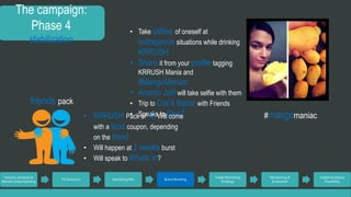 The campaign: 
Phase 4 
stabilization 
Industry Analysis & 
Market Understanding 
TG Selection Marketing Mix Brand Building 
Trade Marketing 
Strategy 
Monitoring & 
Evaluation 
Implementation 
Feasibility 
• Take selfies of oneself at 
outrageous situations while drinking 
KRRUSH 
• Share it from your profile tagging 
KRRUSH Mania and 
#MangoManiac 
• Ananto Jolil will take selfie with them 
• Trip to Cox’s Bazar with Friends 
• Speaks to GenZ #mangomaniac 
friends pack 
• KRRUSH Pack of 10 Will come 
with a food coupon, depending 
on the trend 
• Will happen at 2 weeks burst 
• Will speak to Whats In? 
 