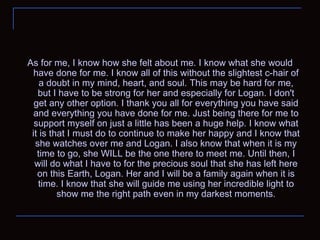 As for me, I know how she felt about me. I know what she would have done for me. I know all of this without the slightest c-hair of a doubt in my mind, heart, and soul. This may be hard for me, but I have to be strong for her and especially for Logan. I don't get any other option. I thank you all for everything you have said and everything you have done for me. Just being there for me to support myself on just a little has been a huge help. I know what it is that I must do to continue to make her happy and I know that she watches over me and Logan. I also know that when it is my time to go, she WILL be the one there to meet me. Until then, I will do what I have to for the precious soul that she has left here on this Earth, Logan. Her and I will be a family again when it is time. I know that she will guide me using her incredible light to show me the right path even in my darkest moments. 