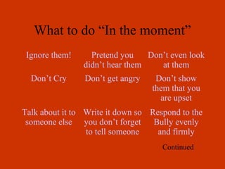 What to do “In the moment”
 Ignore them!     Pretend you    Don’t even look
                didn’t hear them    at them
  Don’t Cry     Don’t get angry    Don’t show
                                  them that you
                                    are upset
Talk about it to Write it down so Respond to the
 someone else you don’t forget Bully evenly
                 to tell someone    and firmly
                                     Continued
 