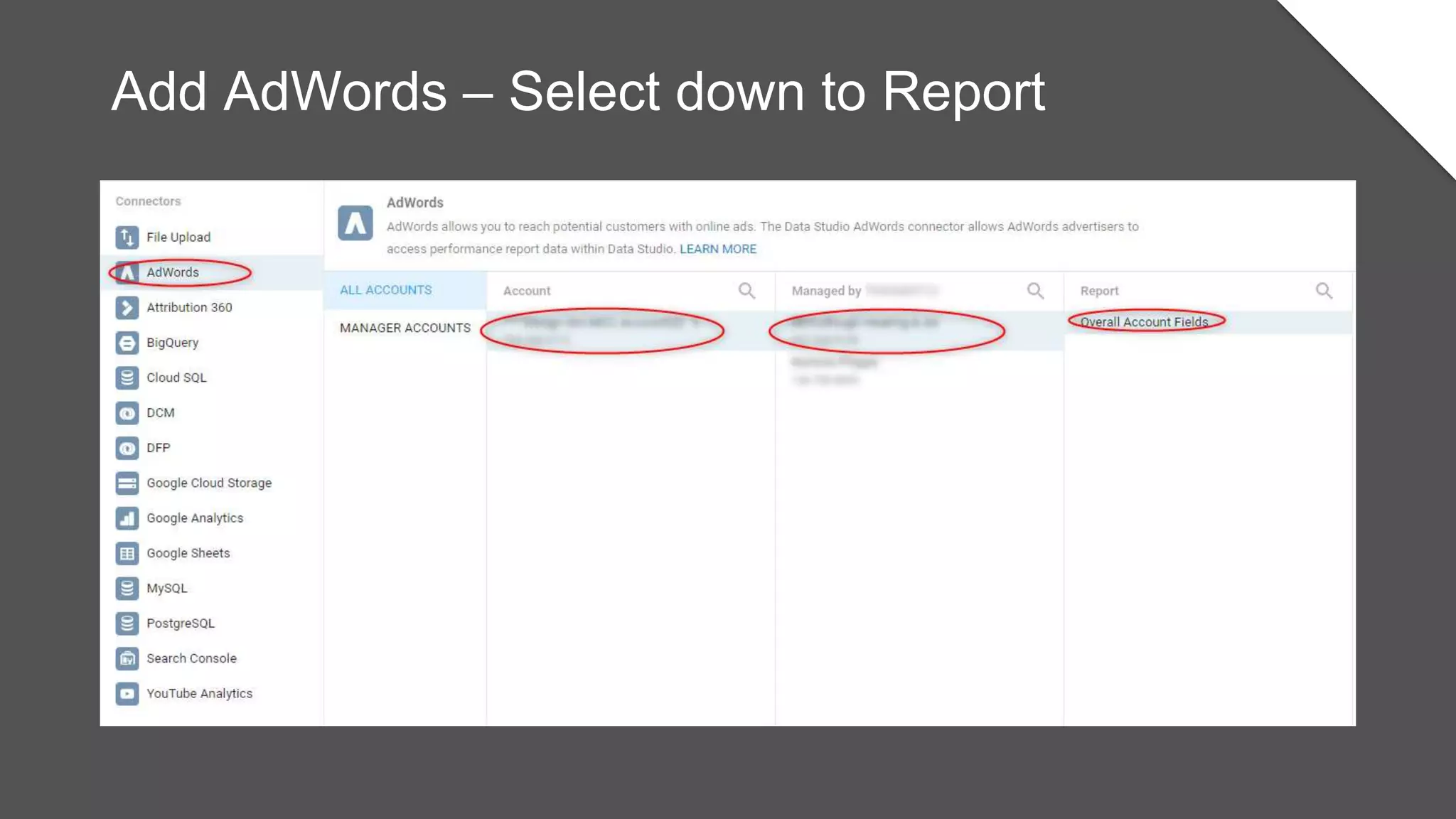 Add AdWords – Select down to Report
 