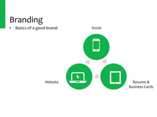 Branding
Social
Website Resume	&	
Business	Cards
• Basics	of	a	good	brand:
 
