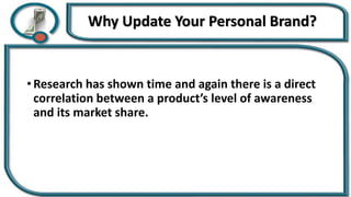 Why Update Your Personal Brand?
• Research has shown time and again there is a direct
correlation between a product’s level of awareness
and its market share.
 