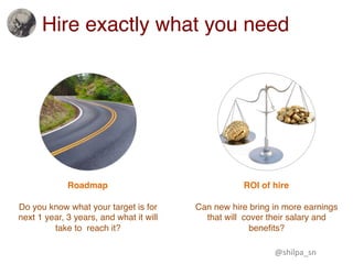 Hire exactly what you need
Roadmap ROI of hire
Can new hire bring in more earnings
that will cover their salary and
beneﬁts?
Do you know what your target is for
next 1 year, 3 years, and what it will
take to reach it?
@shilpa_sn	
 