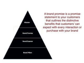A brand promise is a promise
statement to your customers
that outlines the distinctive
beneﬁts that customers’ can
expect with every interaction or
purchase with your brand
 