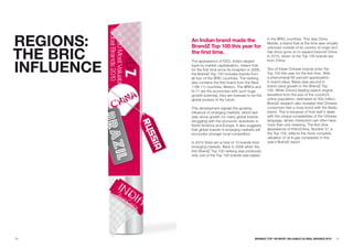 REGIONS:    an Indian brand made the
            BrandZ Top 100 this year for
                                                              in the BRIC countries. This was China
                                                              Mobile, a brand that at the time was virtually



THE BRIC
                                                              unknown outside of its country of origin and
            the first time.                                   has since gone on to expand beyond China.
                                                              In 2010, seven of the Top 100 brands are



INFLuENCE
            The appearance of ICICI, India’s largest          from China.
            bank by market capitalization, means that
            for the first time since its inception in 2006,   Two of these Chinese brands enter the
            the BrandZ Top 100 includes brands from           Top 100 this year for the first time. With
            all four of the BRIC countries. The ranking       a phenomenal 62 percent appreciation
            also contains the first brand from the Next       in brand value, Baidu was second in
            11(N-11) countries, Mexico. The BRICs and         brand value growth in the BrandZ Top
            N-11 are the economies with such huge             100. While China’s leading search engine
            growth potential, they are forecast to be the     benefited from the size of the country’s
            global powers of the future.                      online population, estimated at 400 million,
                                                              BrandZ research also revealed that Chinese
            This development signals the growing              consumers feel a close bond with the Baidu
            influence of emerging markets, which last         brand. This is because of how well it deals
            year drove growth for many global brands          with the unique complexities of the Chinese
            struggling with the economic slowdown in          language, where characters can often have
            North America and Europe. It also suggests        more than one meaning. The first-time
            that global brands in emerging markets will       appearance of PetroChina, Number 51 in
            encounter stronger local competition.             the Top 100, reflects the more complete
                                                              valuation of oil & gas companies in this
            In 2010 there are a total of 13 brands from       year’s BrandZ report.
            emerging markets. Back in 2006 when the
            first BrandZ Top 100 ranking was produced,
            only one of the Top 100 brands was based




30                                                    BRaNDZ TOp 100 MOST VaLuaBLE GLOBaL BRaNDS 2010     31
 