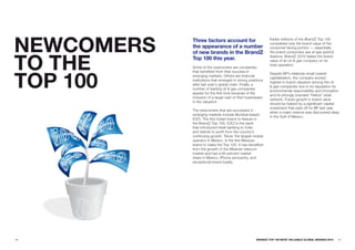 NEwCOMERS   Three factors account for                        Earlier editions of the BrandZ Top 100
                                                             considered only the brand value of the
            the appearance of a number                       consumer-facing portion — essentially
            of new brands in the BrandZ

TO THE
                                                             the brand consumers see at gas (petrol)
                                                             stations. BrandZ 2010 bases the brand
            Top 100 this year.                               value of an oil & gas company on its
                                                             total operation.
            Some of the newcomers are companies




TOp 100
            that benefited from their success in
                                                             Despite BP’s relatively small market
            emerging markets. Others are financial
                                                             capitalization, the company scored
            institutions that emerged in strong positions
                                                             highest in brand valuation among the oil
            after last year's global crisis. Finally, a
                                                             & gas companies due to its reputation for
            number of leading oil & gas companies
                                                             environmental responsibility and innovation
            appear for the first time because of the
                                                             and its strongly branded “Helios” retail
            inclusion of a larger part of their businesses
                                                             network. Future growth in brand value
            in the valuation.
                                                             should be helped by a significant capital
                                                             investment that paid off for BP last year
            The newcomers that are successful in
                                                             when a major reserve was discovered deep
            emerging markets include Mumbai-based
                                                             in the Gulf of Mexico.
            ICICI. The first Indian brand to feature in
            the BrandZ Top 100, ICICI is the bank
            that introduced retail banking to India
            and stands to profit from the country’s
            continuing growth. Telcel, the largest mobile
            operator in Mexico, is the first Mexican
            brand to make the Top 100. It has benefited
            from the growth of the Mexican telecom
            market and has a 60 percent market
            share in Mexico, iPhone exclusivity, and
            exceptional brand loyalty.




46                                                   BRaNDZ TOp 100 MOST VaLuaBLE GLOBaL BRaNDS 2010   47
 