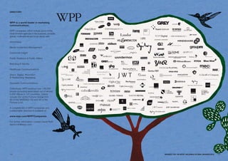 DIRECTORY




wpp is a world leader in marketing
communications.

WPP companies, which include some of the
most eminent agencies in the business, provides
global, multinational and local clients with:

Advertising

Media Investment Management

Consumer Insight

Public Relations & Public Affairs

Branding & Identity

Healthcare Communications

Direct, Digital, Promotion
& Relationship Marketing

Specialist Communications

Collectively, WPP employs over 138,000
people (including associates) out of almost
2,400 offices in 107 countries. Clients
include 354 of the Fortune Global 500,
60 of the NASDAQ 100 and 33 of the
Fortune e-50.

A complete list of WPP companies and
a searchable directory is available at

www.wpp.com/wpp/Companies

For further information contact David Roth
david.roth@wpp.com




142                                               BRaNDZ TOp 100 MOST VaLuaBLE GLOBaL BRaNDS 2010   143
 