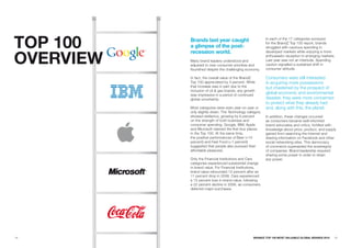 TOp 100    Brands last year caught
           a glimpse of the post-
                                                          In each of the 17 categories surveyed
                                                          for the BrandZ Top 100 report, brands
                                                          struggled with cautious spending in



OVERVIEw
           recession world.                               developed markets while enjoying a more
                                                          enthusiastic reception in emerging markets.
           Many brand leaders understood and              Last year was not an interlude. Spending
           adjusted to new consumer priorities and        caution signalled a sustained shift in
           flourished despite the challenging economy.    consumer attitude.

           In fact, the overall value of the BrandZ       Consumers were still interested
           Top 100 appreciated by 4 percent. While        in acquiring more possessions
           that increase was in part due to the           but chastened by the prospect of
           inclusion of oil & gas brands, any growth
           was impressive in a period of continued
                                                          global economic and environmental
           global uncertainty.                            disaster, they were more concerned
                                                          to protect what they already had
           Most categories were even year-on-year or      and, along with this, the planet.
           only slightly down. The Technology category
           showed resilience, growing by 6 percent        In addition, these changes occurred
           on the strength of both business and           as consumers became well-informed
           consumer spending. Google, IBM, Apple          brand advocates and critics, fortified with
           and Microsoft claimed the first four places    knowledge about price, product, and supply
           in the Top 100. At the same time,              gained from searching the Internet and
           the positive performances of Beer (+10         sharing information on Facebook and other
           percent) and Fast Food (+1 percent)            social networking sites. This democracy
           suggested that people also pursued their       of commerce superseded the sovereignty
           affordable pleasures.                          of companies. Brand leadership required
                                                          sharing some power in order to retain
           Only the Financial Institutions and Cars       any power.
           categories experienced substantial change
           in brand value. For Financial Institutions,
           brand value rebounded 12 percent after an
           11 percent drop in 2008. Cars experienced
           a 15 percent loss in brand value, following
           a 22 percent decline in 2008, as consumers
           deferred major purchases.




14                                                 BRaNDZ TOp 100 MOST VaLuaBLE GLOBaL BRaNDS 2010   15
 