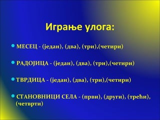 Играње улога:
МЕСЕЦ - (један), (два), (три),(четири)
РАДОЈИЦА - (један), (два), (три),(четири)
ТВРДИЦА - (један), (два), (три),(четири)
СТАНОВНИЦИ СЕЛА - (први), (други), (трећи),
(четврти)
 