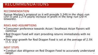 4/28/2022 6
RECOMMENDATIONS
RECOMMENDATION
Pursue Mackey’s proposal as it will provide 3.34% in the short-run
(2013) and 2.21% yearly increase in profit in the long-run (2014
onwards).
RISKS AND ASSUMPTIONS
 Consumer preference towards Asian/ Southeast Asian flavors will
continue
 Red Dragon Food will start providing returns immediately with no
delay
 Five-year growth for Red Dragon Food is set at the average of 2.5%
(1.5-3.5)
NEXT STEPS
 Conduct due diligence on Red Dragon Food to accurately understand
target
 