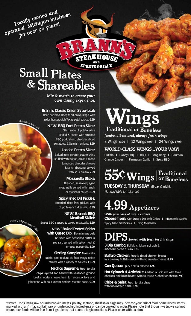 Branns Full Menu New For February 2013