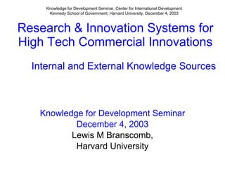 Research & Innovation Systems for High Tech Commercial Innovations Knowledge for Development Seminar December 4, 2003 Lewis M Branscomb, Harvard University Internal and External Knowledge Sources Knowledge for Development Seminar, Center for International Development Kennedy School of Government, Harvard University, December 4, 2003 
