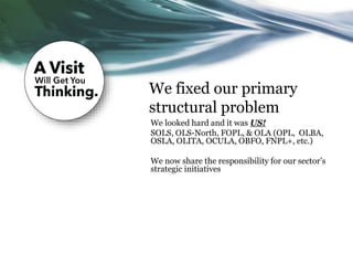 We fixed our primary
structural problem
We looked hard and it was US!
SOLS, OLS-North, FOPL, & OLA (OPL, OLBA,
OSLA, OLITA, OCULA, OBFO, FNPL+, etc.)
We now share the responsibility for our sector’s
strategic initiatives
 