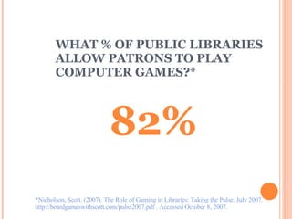 WHAT % OF PUBLIC LIBRARIES ALLOW PATRONS TO PLAY COMPUTER GAMES?* 82% *Nicholson, Scott. (2007). The Role of Gaming in Libraries: Taking the Pulse. July 2007.  http://boardgameswithscott.com/pulse2007.pdf . Accessed October 8, 2007. 