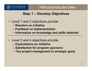 Step 1 – Develop Objectives

• Level 1 and 2 objectives provide
  – Reaction on initiative
  – Feedback on implementation
  – Information on knowledge and skills obtained

• Level 3 and 4 objectives provide
  – Expectations on initiative
  – Satisfaction for program sponsors
  – Ties project management to strategic goals



                                                   17
 