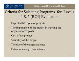 Criteria for Selecting Programs for Levels
           4 & 5 (ROI) Evaluation
  • Expected life cycle of projects
  • The importance of the project in meeting the
    organization’s goals
  • Cost of the project
  • Visibility of the project
  • The size of the target audience
  • Extent of management interest
                                                   18
 