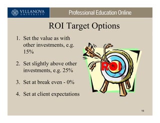 ROI Target Options
1. Set the value as with
   other investments, e.g.
   15%

2. Set slightly above other
   investments, e.g. 25%        ROI
3. Set at break even - 0%

4. Set at client expectations

                                      19
 