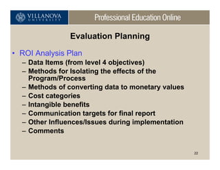 Evaluation Planning

• ROI Analysis Plan
  – Data Items (from level 4 objectives)
  – Methods for Isolating the effects of the
    Program/Process
  – Methods of converting data to monetary values
  – Cost categories
  – Intangible benefits
  – Communication targets for final report
  – Other Influences/Issues during implementation
  – Comments


                                                    22
 