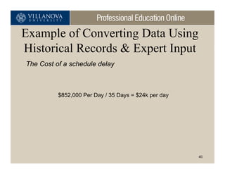 Example of Converting Data Using
Historical Records & Expert Input
The Cost of a schedule delay



          $852,000 Per Day / 35 Days = $24k per day




                                                      40
 