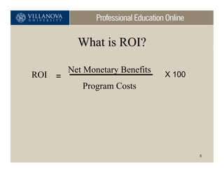 What is ROI?

        Net Monetary Benefits
ROI =                           X 100
           Program Costs




                                        5
 