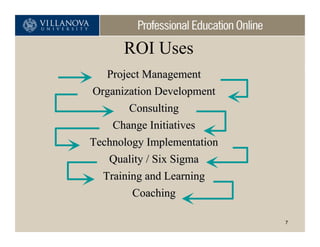 ROI Uses
   Project Management
Organization Development
        Consulting
    Change Initiatives
Technology Implementation
   Quality / Six Sigma
  Training and Learning
        Coaching

                            7
 