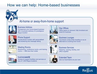 How we can help: Home-based businesses



       At-home or away-from-home support
     Business Address                               Day Offices
     Complement your home-based business
     with a business address of a prestigious       Office space on demand, fully furnished and
     Regus location                                 wired for business


     Phone Support                                  Business Lounges
     A local phone number with personalised         Touchdown areas while traveling or as an
     call answering and message taking              alternative to working from home



     Meeting Rooms                                  Business Services
     Boardrooms, conference rooms, and training     Shipping, copying, binding, and
     rooms — 15% less than hotels                   office supplies



     businessworld                                  Extended Team
     Access to support facilities and services at   Use our local teams as your own
     any of 1,000 Regus locations
 