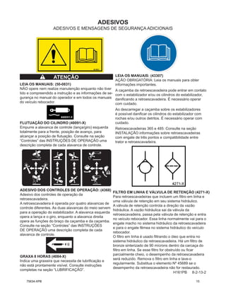 ADESIVOS
H161PB 8-2-13-2
LEIA OS MANUAIS: (50-0831)
NÃO opere nem realize manutenção enquanto não tiver
lido e compreendido a instrução e as informações de se-
gurança no manual do operador e em todos os manuais
do veículo rebocador.
ADESIVOS E MENSAGENS DE SEGURANÇA ADICIONAIS
ATENÇÃO
ADESIVO DOS CONTROLES DE OPERAÇÃO: (4368)
Adesivo dos controles de operação da
retroescavadeira.
A retroescavadeira é operada por quatro alavancas de
controle diferentes. As duas alavancas do meio servem
para a operação do estabilizador. A alavanca esquerda
opera a lança e o giro, enquanto a alavanca direita
opera as funções do braço da caçamba e da caçamba.
Consulte na seção “Controles” das INSTRUÇÕES
DE OPERAÇÃO uma descrição completa de cada
alavanca de controle.
FLUTUAÇÃO DO CILINDRO (40091-X)
Empurre a alavanca de controle (lança/giro) esquerda
totalmente para a frente, posição de avanço, para
alcançar a posição de flutuação. Consulte na seção
“Controles” das INSTRUÇÕES DE OPERAÇÃO uma
descrição completa de cada alavanca de controle.
FILTRO EM LINHA E VÁLVULA DE RETENÇÃO (4271-X)
Para retroescavadeiras que incluem um filtro em linha e
uma válvula de retenção em seu sistema hidráulico.
A válvula de retenção controla a direção da vazão
hidráulica. A vazão hidráulica sai da válvula da
retroescavadeira, passa pela válvula de retenção e entra
no veículo rebocador. Essa linha normalmente vai para o
engate macho no sistema hidráulico da retroescavadeira
e para o engate fêmea no sistema hidráulico do veículo
rebocador.
O filtro em linha é usado filtrando o óleo que entra no
sistema hidráulico da retroescavadeira. Há um filtro de
bronze sinterizado de 90 mícrons dentro da carcaça do
filtro em linha. Se esse filtro for obstruído ou ficar
parcialmente cheio, o desempenho da retroescavadeira
será reduzido. Remova o filtro em linha e lave-o
regularmente. Substitua o elemento Nº 45689 se o
desempenho da retroescavadeira não for restaurado.
GRAXA 8 HORAS (4084-X)
Indica uma graxeira que necessita de lubrificação e
não está prontamente visível. Consulte instruções
completas na seção “LUBRIFICAÇÃO”.
LEIA OS MANUAIS: (43307)
AÇÃO OBRIGATÓRIA: Leia os manuais para obter
informações importantes.
A caçamba da retroescavadeira pode entrar em contato
com o estabilizador e/ou os cilindros do estabilizador,
danificando a retroescavadeira. É necessário operar
com cuidado.
Ao descarregar a caçamba sobre os estabilizadores
é possível danificar os cilindros do estabilizador com
rochas e/ou outros detritos. É necessário operar com
cuidado.
Retroescavadeiras 365 e 485: Consulte na seção
INSTALAÇÃO informações sobre retroescavadeiras
com engate de três pontos e compatibilidade entre
trator e retroescavadeira.
75634-XPB 15
 