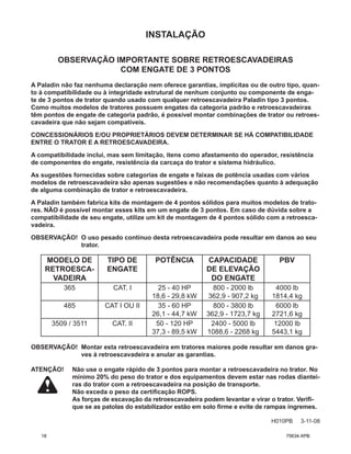 INSTALAÇÃO
H010PB 3-11-08
OBSERVAÇÃO IMPORTANTE SOBRE RETROESCAVADEIRAS
COM ENGATE DE 3 PONTOS
A Paladin não faz nenhuma declaração nem oferece garantias, implícitas ou de outro tipo, quan-
to à compatibilidade ou à integridade estrutural de nenhum conjunto ou componente de enga-
te de 3 pontos de trator quando usado com qualquer retroescavadeira Paladin tipo 3 pontos.
Como muitos modelos de tratores possuem engates da categoria padrão e retroescavadeiras
têm pontos de engate de categoria padrão, é possível montar combinações de trator ou retroes-
cavadeira que não sejam compatíveis.
CONCESSIONÁRIOS E/OU PROPRIETÁRIOS DEVEM DETERMINAR SE HÁ COMPATIBILIDADE
ENTRE O TRATOR E A RETROESCAVADEIRA.
A compatibilidade inclui, mas sem limitação, itens como afastamento do operador, resistência
de componentes do engate, resistência da carcaça do trator e sistema hidráulico.
As sugestões fornecidas sobre categorias de engate e faixas de potência usadas com vários
modelos de retroescavadeira são apenas sugestões e não recomendações quanto à adequação
de alguma combinação de trator e retroescavadeira.
A Paladin também fabrica kits de montagem de 4 pontos sólidos para muitos modelos de trato-
res. NÃO é possível montar esses kits em um engate de 3 pontos. Em caso de dúvida sobre a
compatibilidade de seu engate, utilize um kit de montagem de 4 pontos sólido com a retroesca-
vadeira.
OBSERVAÇÃO! 
O uso pesado contínuo desta retroescavadeira pode resultar em danos ao seu
trator.
MODELO DE
RETROESCA-
VADEIRA
TIPO DE
ENGATE
POTÊNCIA CAPACIDADE
DE ELEVAÇÃO
DO ENGATE
PBV
365 CAT. I 25 - 40 HP
18,6 - 29,8 kW
800 - 2000 lb
362,9 - 907,2 kg
4000 lb
1814,4 kg
485 CAT I OU II 35 - 60 HP
26,1 - 44,7 kW
800 - 3800 lb
362,9 - 1723,7 kg
6000 lb
2721,6 kg
3509 / 3511 CAT. II 50 - 120 HP
37,3 - 89,5 kW
2400 - 5000 lb
1088,6 - 2268 kg
12000 lb
5443,1 kg
OBSERVAÇÃO! 
Montar esta retroescavadeira em tratores maiores pode resultar em danos gra-
ves à retroescavadeira e anular as garantias.
ATENÇÃO!	
Não use o engate rápido de 3 pontos para montar a retroescavadeira no trator. No
mínimo 20% do peso do trator e dos equipamentos devem estar nas rodas diantei-
ras do trator com a retroescavadeira na posição de transporte.
Não exceda o peso da certificação ROPS.
As forças de escavação da retroescavadeira podem levantar e virar o trator. Verifi-
que se as patolas do estabilizador estão em solo firme e evite de rampas íngremes.
18 75634-XPB
 