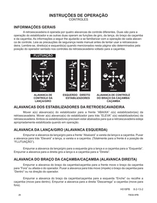 INSTRUÇÕES DE OPERAÇÃO
CONTROLES
INFORMAÇÕES GERAIS
A retroescavadeira é operada por quatro alavancas de controle diferentes. Duas são para a
operação do estabilizador e as outras duas operam as funções de giro, da lança, do braço da caçamba
e da caçamba. As informações a seguir lhe ajudarão a se familiarizar com a operação de cada alavan-
ca de controle. Leia as precauções de segurança neste manual antes de tentar usar a retroescava-
deira. Lembre-se, direito(a) e esquerdo(a) quando mencionados nesta página são determinados pela
posição do operador sentado nos controles da retroescavadeira voltado para a caçamba.
FLUTUAÇÃO
ALAVANCAS DOS ESTABILIZADORES DA RETROESCAVADEIRA
Mover a(s) alavanca(s) do estabilizador para a frente “ABAIXA” o(s) estabilizador(es) da
retroescavadeira. Mover a(s) alavanca(s) do estabilizador para trás “ELEVA” o(s) estabilizador(es) da
retroescavadeira.Ambos os estabilizadores precisam estar abaixados para que a retroescavadeira esteja
apropriadamente estabilizada quando em operação.
ALAVANCA DA LANÇA/GIRO (ALAVANCA ESQUERDA)
Empurrar a alavanca da lança/giro para a frente “Abaixará” a vareta da lança e a caçamba. Puxar
a alavanca para trás “Elevará” a lança, a vareta e a caçamba. (Totalmente para a frente é a posição de
“FLUTUAÇÃO”).
Empurrar a alavanca da lança/giro para a esquerda gira a lança e a caçamba para a “Esquerda”.
Empurrar a alavanca para a direita gira a lança e a caçamba para a “Direita”.
ALAVANCA DO BRAÇO DA CAÇAMBA/CAÇAMBA (ALAVANCA DIREITA)
Empurrar a alavanca do braço da caçamba/caçamba para a frente move o braço da caçamba
para “Fora” ou afasta-o do operador. Puxar a alavanca para trás move (impele) o braço da caçamba para
“Dentro” ou na direção do operador.
Empurrar a alavanca do braço da caçamba/caçamba para a esquerda “Enche” ou recolhe a
caçamba (move para dentro). Empurrar a alavanca para a direita “Descarrega” a caçamba (move para
fora).
H018PB 8-2-13-2
ALAVANCA DE
CONTROLE DA
LANÇA/GIRO
ALAVANCA DE CONTROLE
DO BRAÇO DA CAÇAMBA/
CAÇAMBA
ESTABILIZADORES
ESQUERDO DIREITO
26 75634-XPB
 