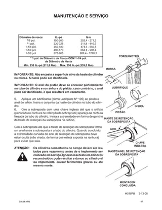 MANUTENÇÃO E SERVIÇO
H038PB 3-13-08
Diâmetro de rosca		 lb.-pé N.
m
7/8 pol.		 150-200 203,4 - 271,2
*1 pol.		 230-325 311,8 - 440,6
1-1/8 pol.		 350-480 474,5 - 650,8
1-1/4 pol.		 490-670 664,4 - 908,4
1-3/8 pol.		 670-900 908,4 - 1220,2
* 1 pol. de Diâmetro de Rosca COM 1-1/4 pol.
de Diâmetro de Haste
Mín. 230 lb.-pé (311,8 N.
m) Máx. 250 lb.-pé (339,0 N.
m)
IMPORTANTE: Não encoste a superfície ativa da haste do cilindro
na morsa. A haste pode ser danificada.
IMPORTANTE: O anel do pistão deve se encaixar perfeitamente
no tubo do cilindro e na ranhura do pistão, caso contrário, o anel
pode ser danificado, o que resultará em vazamento.
5. Aplique um lubrificante (como Lubriplate Nº 105) ao pistão e
anel de teflon. Insira o conjunto da haste do cilindro no tubo do cilin-
dro.
6. Gire a sobreposta com uma chave inglesa até que o orifício
(perfurado na ranhura de retenção da sobreposta) apareça na ranhura
fresada do tubo do cilindro. Insira a extremidade em forma de gancho
da haste de retenção da sobreposta no orifício.
Gire a sobreposta até que a haste de retenção da sobreposta forme
um anel entre a sobreposta e o tubo do cilindro. Quando concluído,
a extremidade curvada do anel de retenção da sobreposta deve
estar oculta (não virada, de forma que esteja exposta na ranhura)
para evitar que saia.
ATENÇÃO! Os cilindros consertados no campo devem ser tes-
tados para vazamento antes de o implemento ser
colocadoemserviço.Ignoraressetesteemcilindros
reconstruídos pode resultar e danos ao cilindro e/
ou implemento, causar ferimentos graves ou até
mesmo morte.
TORQUÍMETRO
MORSA
INSIRA
LUBRIFIQUE
PISTÃO
HASTE DE RETENÇÃO
DA SOBREPOSTA
CHAVE
INGLESA
GIRE
HASTE/ANEL DE RETENÇÃO
DA SOBREPOSTA
MONTAGEM
CONCLUÍDA
75634-XPB 47
 