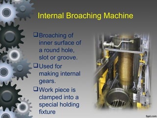 Internal Broaching Machine
Broaching of
inner surface of
a round hole,
slot or groove.
Used for
making internal
gears.
Work piece is
clamped into a
special holding
fixture
 