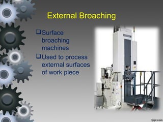 External Broaching
Surface
broaching
machines
Used to process
external surfaces
of work piece
 