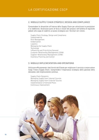 LA CERTIFICAZIONE CSCP


     2. 	 ODULO Supply Chain Strategy, Design and Compliance
        M

     Comprendere le dinamiche all’interno della Supply Chain per ottimizzare le prestazioni
     e la redditività. Analizzare punti di forza e vincoli dei processi nell’ambito di logistiche
     globali allo scopo di stabilire un piano strategico con i fornitori ed i clienti.

     	Supply Chain Strategy, Design and Compliance
     	Substainability
     	Risk Management
     	 Globalization
     	Logistics
     	 Managing the Supply Chain
     	Technology
     	Influencing and Prioritizing Demand
     	Customer Relationship Management (CRM)
     	Supplier Relationship Management (SRM)
     	Inventory Planning and Control


     3.	MODULO Implementation and Operations

     Utilizzare efficacemente i dati forniti dal Cliente per migliorare il servizio e creare valore
     lungo l’intera Supply Chain. Comprendere l’importanza strategica della gestione della
     domanda e del miglioramento continuo.

     	 Supply Chain Dynamics
     	 Managing Supply from Internal Sources
     	 Managing Supply from External Sources
     	Implementation of Demand Plans
     	Continuous Improvement




10
 