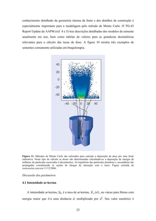23
conhecimento detalhado da geometria interna da fonte e dos detalhes de construção é
especialmente importante para a modelagem pelo método de Monte Carlo. O TG-43
Report Update da AAPM (ref. 4 e 5) traz descrições detalhadas dos modelos de semente
atualmente em uso, bem como tabelas de valores para as grandezas dosimétricas
relevantes para o cálculo das taxas de dose. A figura 10 mostra três exemplos de
sementes comumente utilizadas em braquiterapia.
Figura 11. Métodos de Monte Carlo são utilizados para calcular a deposição de dose por uma fonte
radioativa. Neste tipo de cálculo as doses são determinadas calculando-se a deposição de energia de
milhares de partículas associadas à decaimentos. As trajetórias das partículas primárias e secundárias são
propagadas considerando as seções de choque de interação com o meio. Figura extraída de
cerncourier.com em 11/12/2006.
Discussão dos parâmetros
4.1 Intensidade ar-kerma
A intensidade ar-kerma, SK, é a taxa de ar-kerma, )(dKδ
& , no vácuo para fótons com
energia maior que δ à uma distância d, multiplicado por d2
. Seu valor numérico é
 