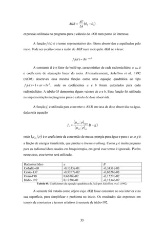 33
( )12 θθ −
Γ
=
Lh
A
AKR
expressão utilizada no programa para o cálculo do AKR num ponto de interesse.
A função f2(d) é o termo representativo dos fótons absorvidos e espalhados pelo
meio. Pode ser escrito como a razão do AKR num meio pelo AKR no vácuo:
dm
Bedf µ−
=)(2
A constante B é o fator de build-up, característico de cada radionúclideo, e µm é
o coeficiente de atenuação linear do meio. Alternativamente, Sakelliou et al., 1992
(ref.08) descreveu essa mesma função como uma equação quadrática do tipo
2
2 1)( brardf ++= , onde os coeficientes a e b foram calculados para cada
radionúclideo. A tabela 05 demonstra alguns valores de a e b. Essa função foi utilizada
na implementação no programa para o cálculo de dose absorvida.
A função f3 é utilizada para converter o AKR em taxa de dose absorvida na água,
dada pela equação
( )
( )
( )gf
aren
águaen
−= 13
ρµ
ρµ
onde ( )ρµen é o coeficiente de conversão de massa-energia para água e para o ar, e g é
a fração de energia transferida, que produz o bremsstrahlung. Como g é muito pequeno
para os radionuclídeos usados em braquiterapia, em geral esse termo é ignorado. Porém
nesse caso, esse termo será utilizado.
Radionuclídeo a B
Cobalto-60 -0,1335e-01 -0,3451e-03
Césio-137 -0,5767e-02 -0,8628e-03
Ouro-198 0,6678e-02 -0,1527e-02
Irídio-192 0,1250e-01 -0,1834e-02
Tabela 05. Coeficientes da equação quadrática de f2(d) por Sakelliou et al. (1992)
A semente foi tratada como objeto cujo AKR fosse constante no seu interior e na
sua superfície, para simplificar o problema no início. Os resultados são expressos em
termos de constantes e termos relativos à semente de irídio-192.
 