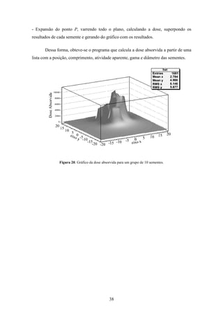 38
- Expansão do ponto P, varrendo todo o plano, calculando a dose, superpondo os
resultados de cada semente e gerando do gráfico com os resultados.
Dessa forma, obteve-se o programa que calcula a dose absorvida a partir de uma
lista com a posição, comprimento, atividade aparente, gama e diâmetro das sementes.
Figura 20. Gráfico da dose absorvida para um grupo de 10 sementes.
 