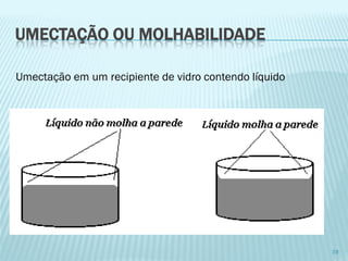 UMECTAÇÃO OU MOLHABILIDADE 
19Umectação em um recipiente de vidro contendo líquido  