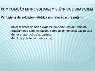 COMPARAÇÃO ENTRE SOLDAGEM ELÉTRICA E BRASAGEM 
35 
Vantagens da soldagem elétrica em relação à brasagem: 
Maior resistência sob elevadas temperaturas de trabalho; 
Praticamente sem limitações sobre as dimensões das peças; 
Menor preparação das partes; 
Metal de adição de menor custo.  