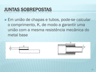 JUNTAS SOBREPOSTAS 
Em união de chapas e tubos, pode-se calcular o comprimento, K, de modo a garantir uma união com a mesma resistência mecânica do metal base 
39  