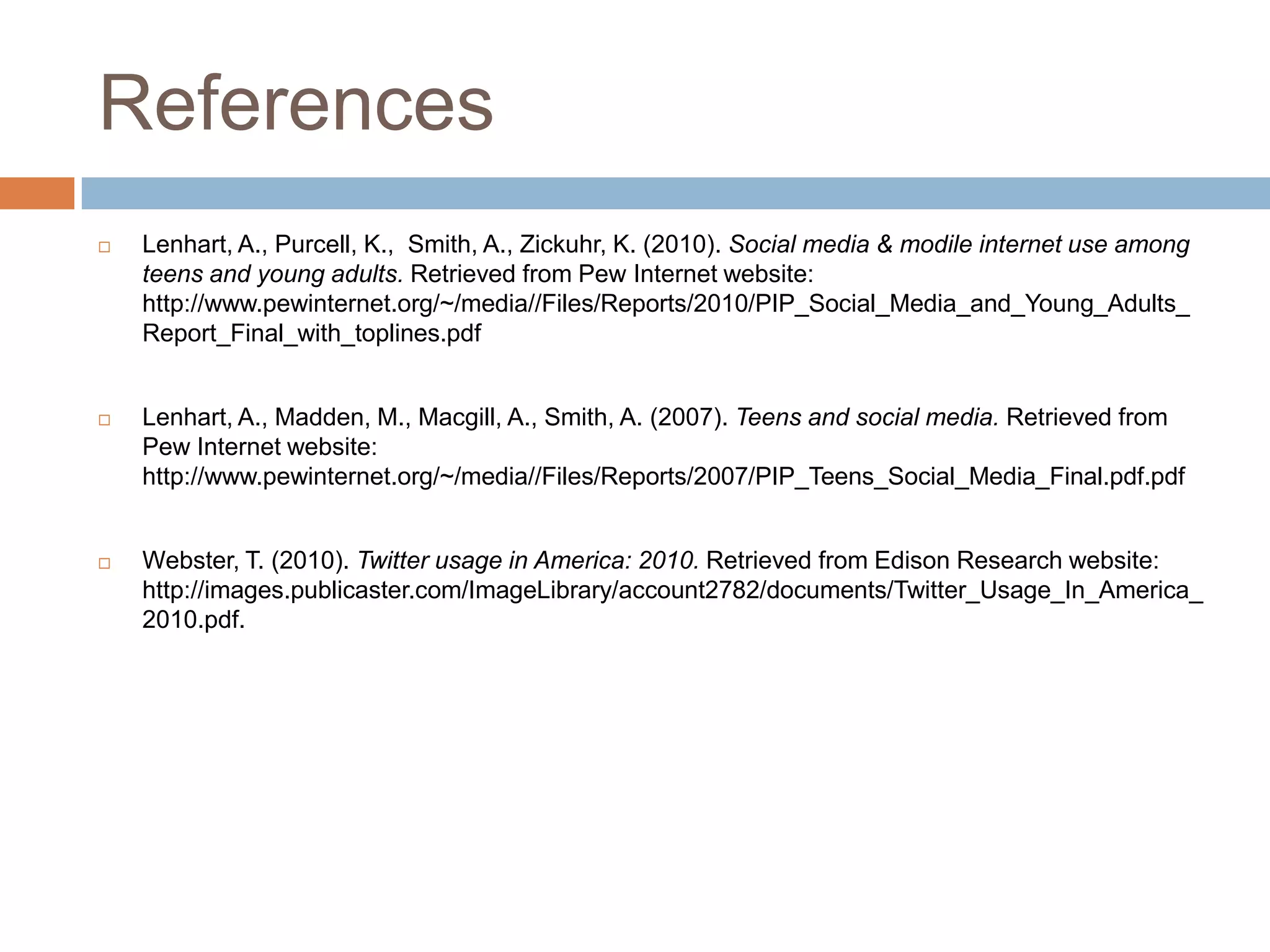 Social Network UseYoung populations are much more likely to maintain a MySpace profile (Lenhart et al, 2010)Less likely to have a LinkedIn profileAll groups are likely to maintain a Facebook profile (Lenhart et al, 2010)Data for young adults is parallel to data for teens  (Lenhart et al, 2010)