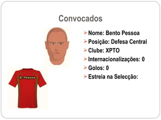Convocados Nome: Bento Pessoa Posição: Defesa Central Clube: XPTO Internacionalizações: 0 Golos: 0 Estreia na Selecção: 