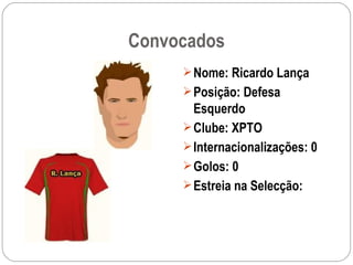 Convocados Nome: Ricardo Lança Posição: Defesa Esquerdo Clube: XPTO Internacionalizações: 0 Golos: 0 Estreia na Selecção: 