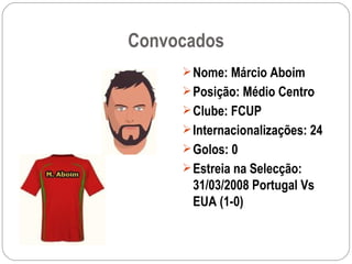 Convocados Nome: Márcio Aboim Posição: Médio Centro Clube: FCUP Internacionalizações: 24 Golos: 0 Estreia na Selecção: 31/03/2008 Portugal Vs EUA (1-0) 