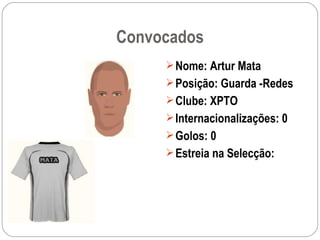 Convocados Nome: Artur Mata Posição: Guarda -Redes Clube: XPTO Internacionalizações: 0 Golos: 0 Estreia na Selecção: 