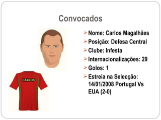 Convocados Nome: Carlos Magalhães Posição: Defesa Central Clube: Infesta Internacionalizações: 29 Golos: 1 Estreia na Selecção: 14/01/2008 Portugal Vs EUA (2-0) 
