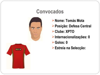 Convocados Nome: Tomás Mota Posição: Defesa Central Clube: XPTO Internacionalizações: 0 Golos: 0 Estreia na Selecção: 