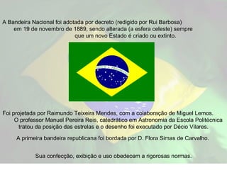A Bandeira Nacional foi adotada por decreto (redigido por Rui Barbosa)  em 19 de novembro de 1889, sendo alterada (a esfera celeste) sempre  que um novo Estado é criado ou extinto.  Foi projetada por Raimundo Teixeira Mendes, com a colaboração de Miguel Lemos.  O professor Manuel Pereira Reis, catedrático em Astronomia da Escola Politécnica tratou da posição das estrelas e o desenho foi executado por Décio Vilares. A primeira bandeira republicana foi bordada por D. Flora Simas de Carvalho.  Sua confecção, exibição e uso obedecem a rigorosas normas. 