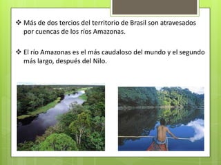  Más de dos tercios del territorio de Brasil son atravesados
  por cuencas de los ríos Amazonas.

 El río Amazonas es el más caudaloso del mundo y el segundo
  más largo, después del Nilo.
 